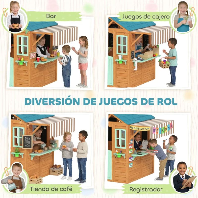 AIYAPLAY Casita Infantil Exterior e Interior de Madera con Barra de Snack Maceteros Pizarra Ventanas Tela para Tiro y 4 Pelotas