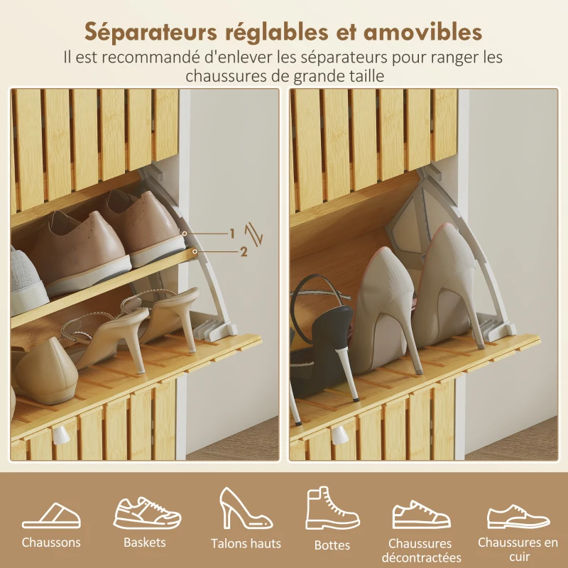 HOMCOM Meuble à chaussures 18 paires avec 3 tiroirs rabattables, portes en bambou à lattes, 60x24x118cm, blanc et bois naturel