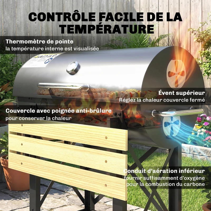 Outsunny Barbecue Charbon de Bois Chariot Grill de Jardin avec Couvercle Fumoir Tablette Pliable en Bois 109 x 71 x 98 cm Noir