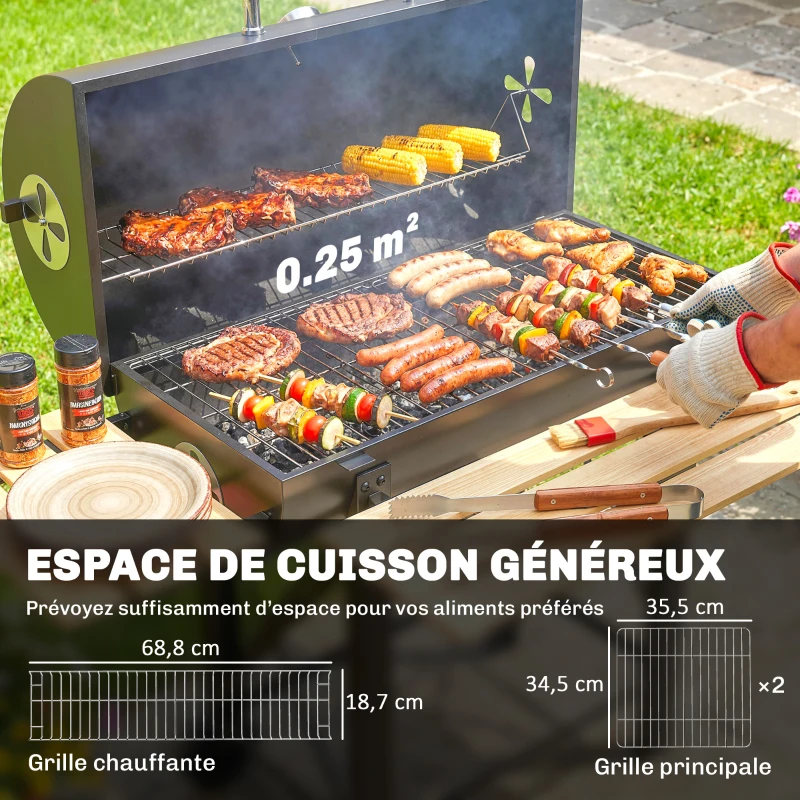 Outsunny Barbecue Charbon de Bois Chariot Grill de Jardin avec Couvercle Fumoir Tablette Pliable en Bois 109 x 71 x 98 cm Noir