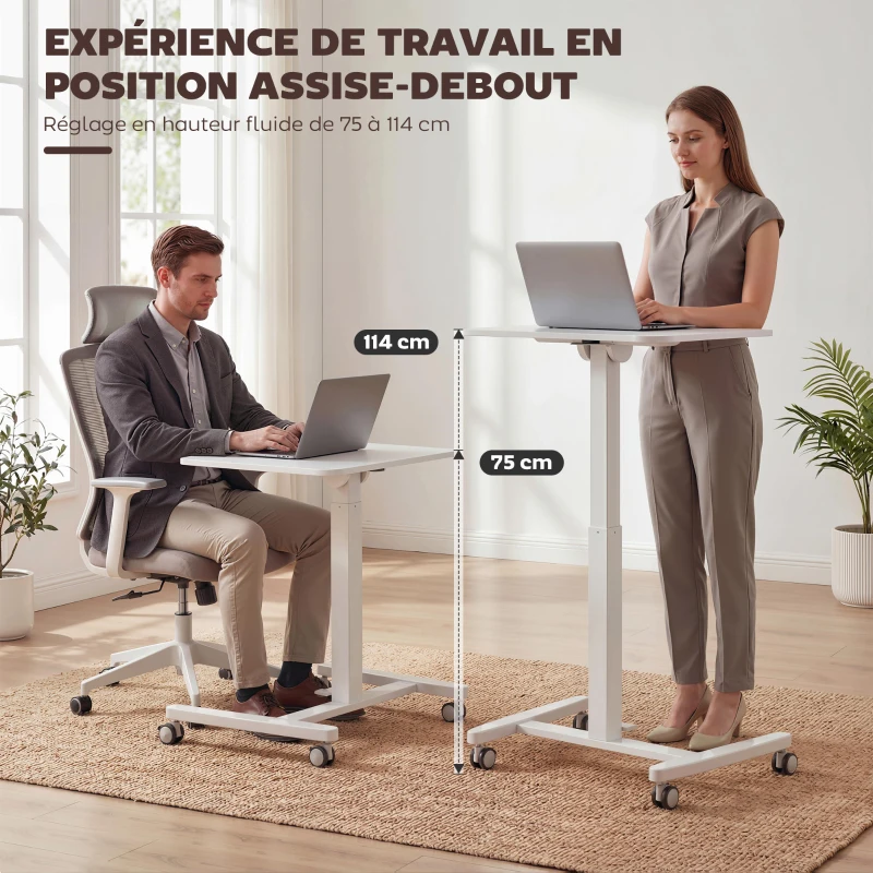HOMCOM Bureau Debout Réglable en Hauteur, Plateau Inclinable, Roulettes et Cadre en Acier, 60,5 x 52 x 75-114 cm, Blanc