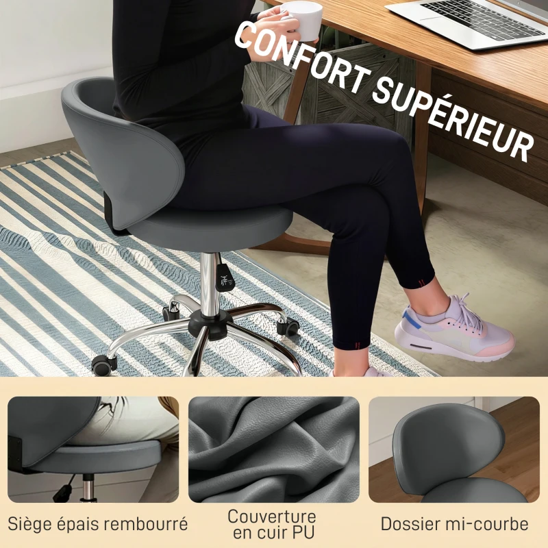 HOMCOM Tabouret à roulettes, tabouret de massage en PU avec hauteur réglable 73-88 cm et dossier, pivotant 360°, gris