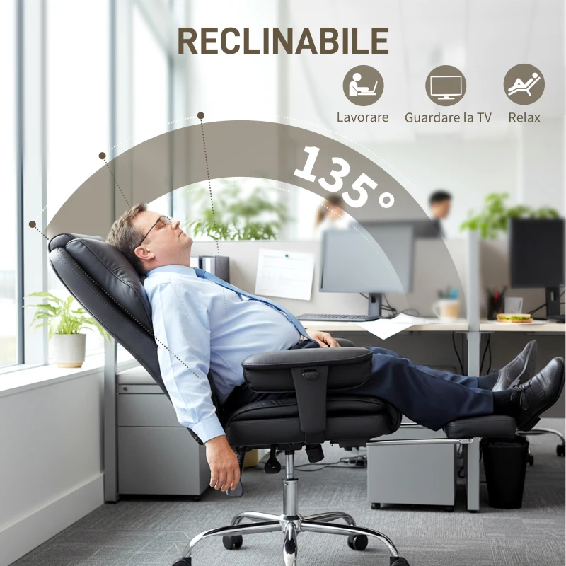 HOMCOM Sedia da Ufficio con Poggiapiedi e Poggiatesta, in Pelle PU, Schiuma e Metallo, 76x73x117-125 cm, Nero