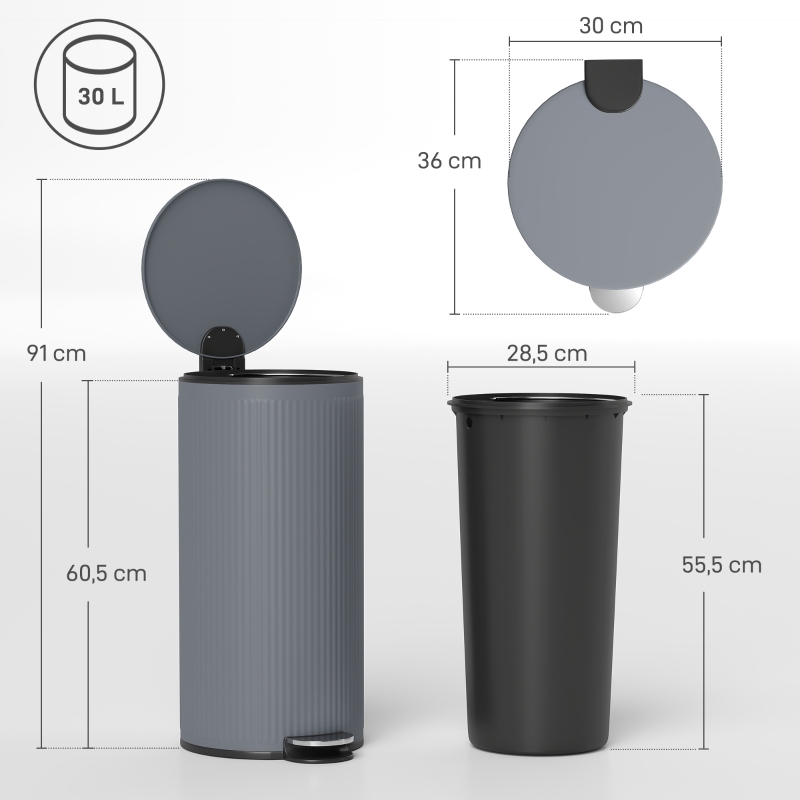 HOMCOM Mülleimer 30 L Treteimer mit Softclose-Deckel und Pedal, Inneneimer Metall, Schwarz, 36 x 30 x 60,5 cm