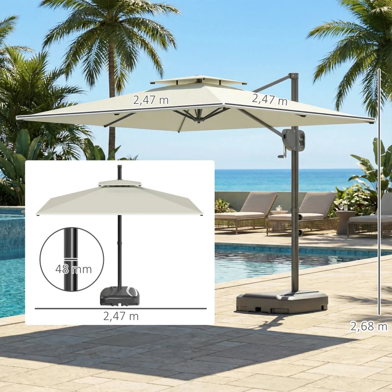 Outsunny Parasol déporté carré 2,5 x 2,5 m, parasol de jardin extérieur, Double Toit, inclinable, 2 bases, manivelle, Crème