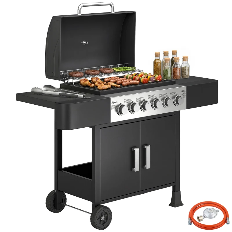 Outsunny Barbecue a Gás Barbeceu com 6 Queimadores 15 kW Termómetro 2 Prateleiras Laterais eArmário 135x51x101 cm Preto