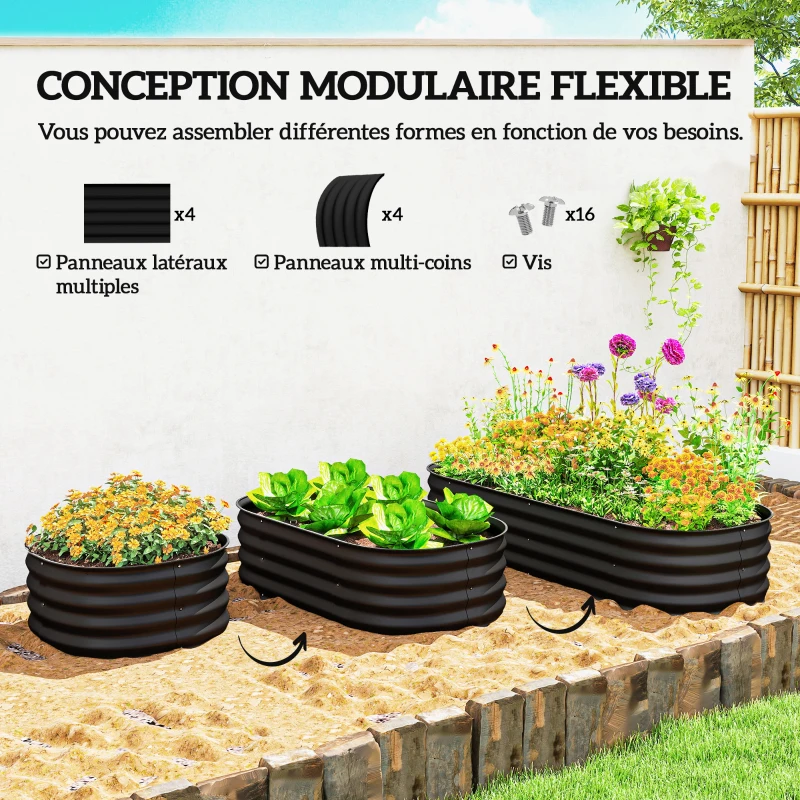 Outsunny Jardinière surélevée carré potager de jardin en acier modulable légumes, plantes, fleurs, dim. 150 x 62 x 30 cm noir