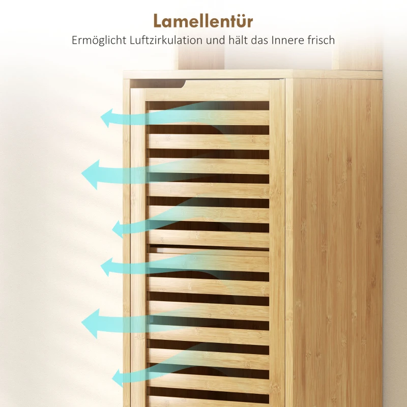 HOMCOM Badezimmerschrank schmal, Hochschrank mit 3 offenen Regalen, verstellbaren Regalen, Lamellentür, 34 x 30 x 170 cm Natur