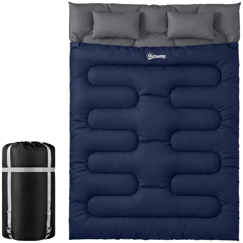 Outsunny Saco de Dormir Doble para Adultos Tamaño Queen para 2 Personas con 2 Almohadas y Bolsa Transporte Azul Oscuro