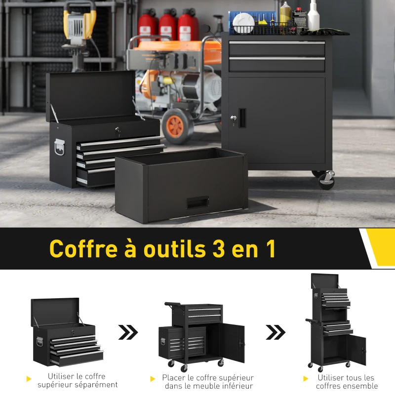 HOMCOM Servante d'atelier en acier verrouillable, chariot à outils sur roulettes 3 en 1 avec 6 tiroirs et panneau perforé, noir