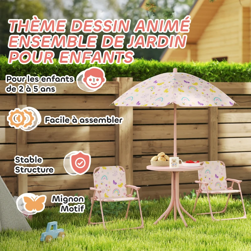 AIYAPLAY Ensemble salon de jardin extérieur enfant 4 pièces, motif arc-en-ciel et fleur, parasol réglable Ø 100cm, chaise pliable