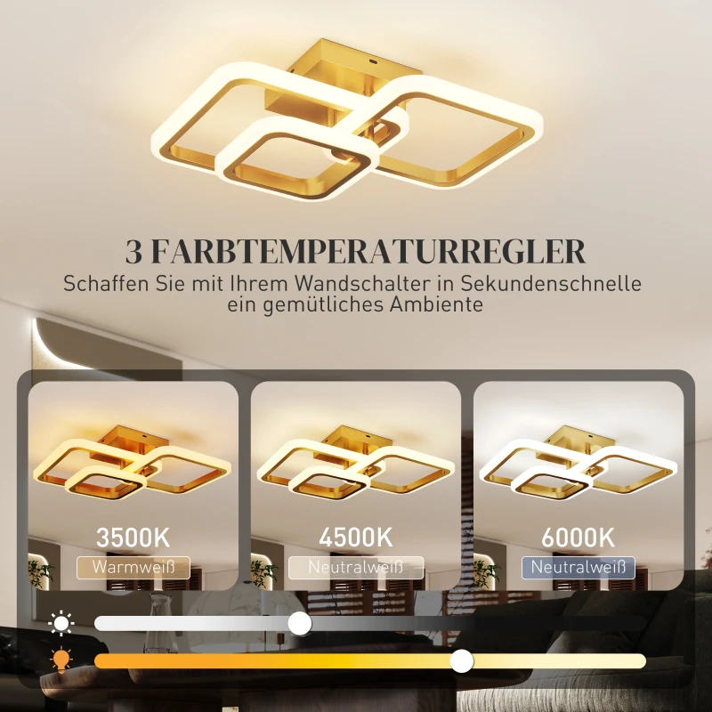 HOMCOM Deckenleuchte LED 40W 4300LM 3500K/4500K/6000K Deckenlampe 3-eckige Wohnzimmerlampe, 48 x 46 x 13 cm, Gold