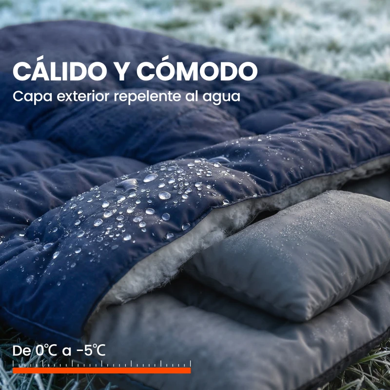 Outsunny Saco de Dormir Doble para Adultos Tamaño Queen para 2 Personas con 2 Almohadas y Bolsa Transporte Azul Oscuro