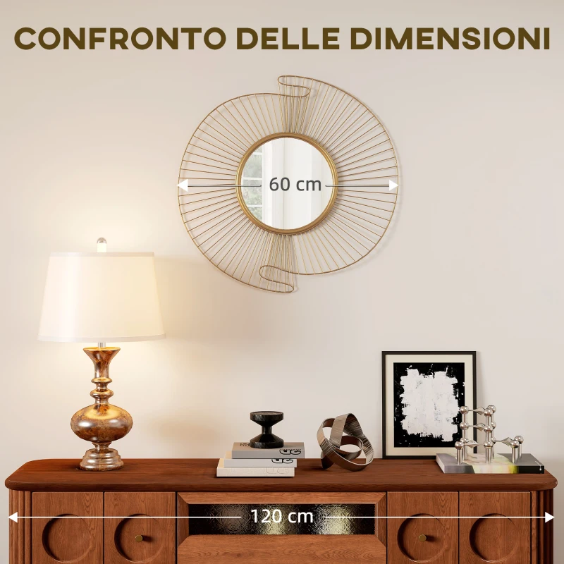HOMCOM Specchio da Parete Rotondo con Strisce in Metallo e Design Plissettato, 60x60 cm, Oro