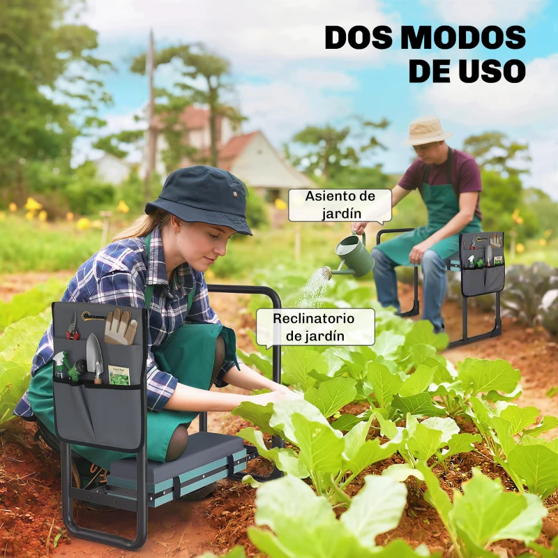 Outsunny Taburete de Jardín Plegable con Almohadilla de Espuma EVA Asiento de Jardín con Bolsa para Herramientas Gris Oscuro
