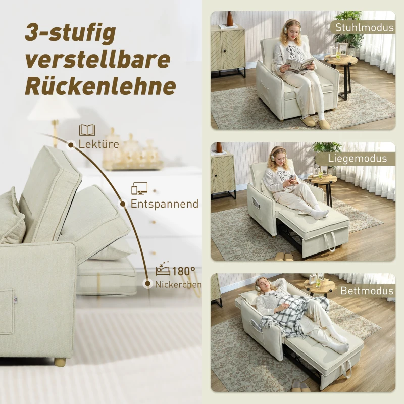 HOMCOM Schlafsessel 3 in 1 Umwandelbarer Sessel mit Bettfunktion, Lendenkissen, für Wohnzimmer Creme