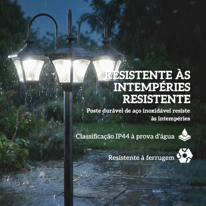 Outsunny Candeeiro Solar de Jardim com Floreiras 3 Cabeças Impermeável IP44 Ligação/Desligamento Automático e Altura Ajustável 52x52x185 cm Preto