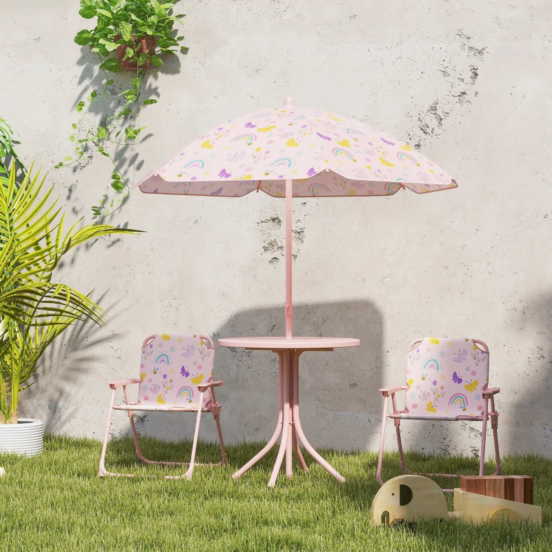 AIYAPLAY Ensemble salon de jardin extérieur enfant 4 pièces, motif arc-en-ciel et fleur, parasol réglable Ø 100cm, chaise pliable