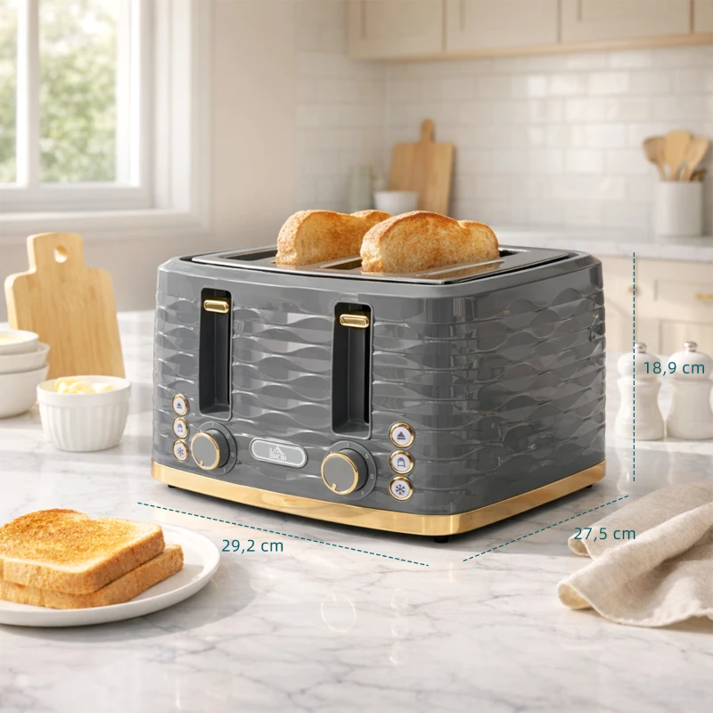 HOMCOM Toaster für 4 Scheiben mit 7 Bräunungsstufen, High-Lift, Aufwärm-/Auftau-/Abbruchs-Funktion, Graue Wellenoptik