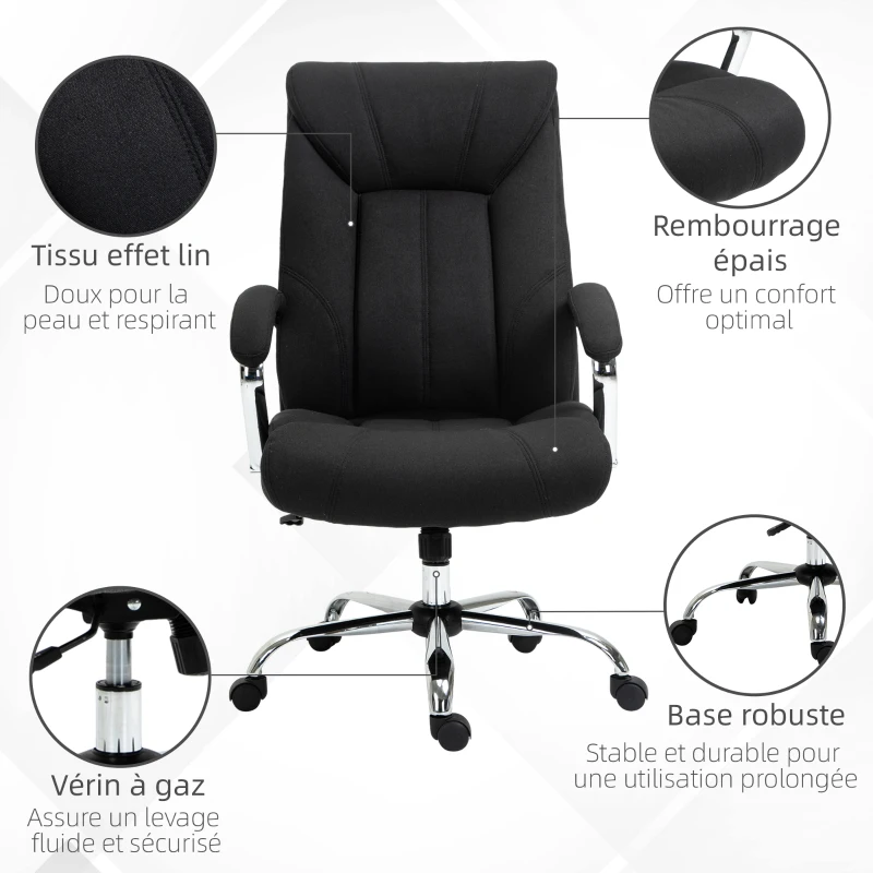 Vinsetto Fauteuil de bureau, chaise de bureau ergonomique, hauteur réglable, dossier haut, fonction de bascule, 65x78x118cm, noir
