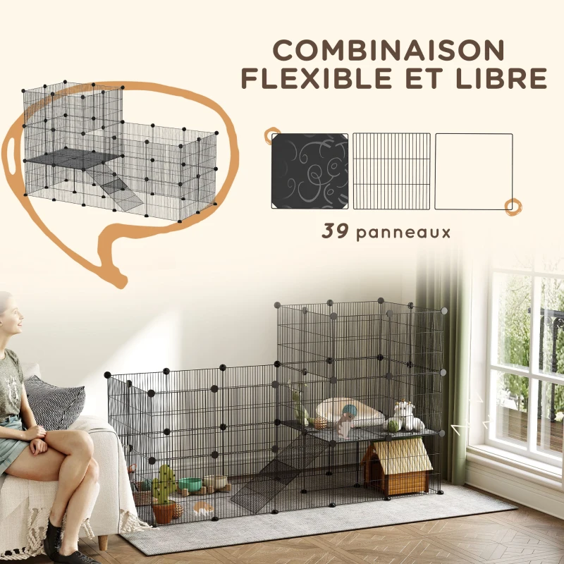 PawHut Enclos pour petits animaux, cage à lapin modulable 2 niveaux, 39 panneaux avec rampe, en acier, 140 x 70 x 105 cm, noir