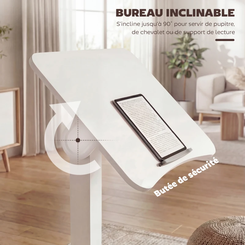 HOMCOM Bureau Debout Réglable en Hauteur, Plateau Inclinable, Roulettes et Cadre en Acier, 60,5 x 52 x 75-114 cm, Blanc