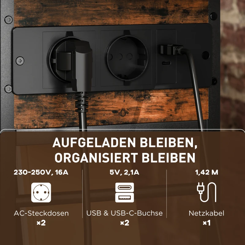 HOMCOM Beistelltisch Nachttisch mit Steckdosenleiste, 2 Ebenen, USB-Anschlüssen Stauraum 60 x 29,8 x 58,5 cm Rustikal Braun