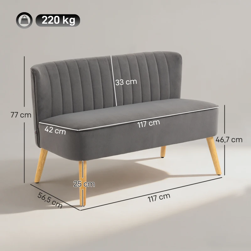 HOMCOM Sofa Retrodesign 2-Sitzer-Sofa, Holzbeine, 117 cm x 56,5 cm x 77 cm, Dunkelgrau