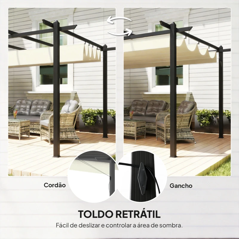 Outsunny Pérgola de Jardim 4x3 m com Telhado Retrátil Estrutura de Alumínio UPF30+ Orifícios de Drenagem Pérgola de Exterior Creme