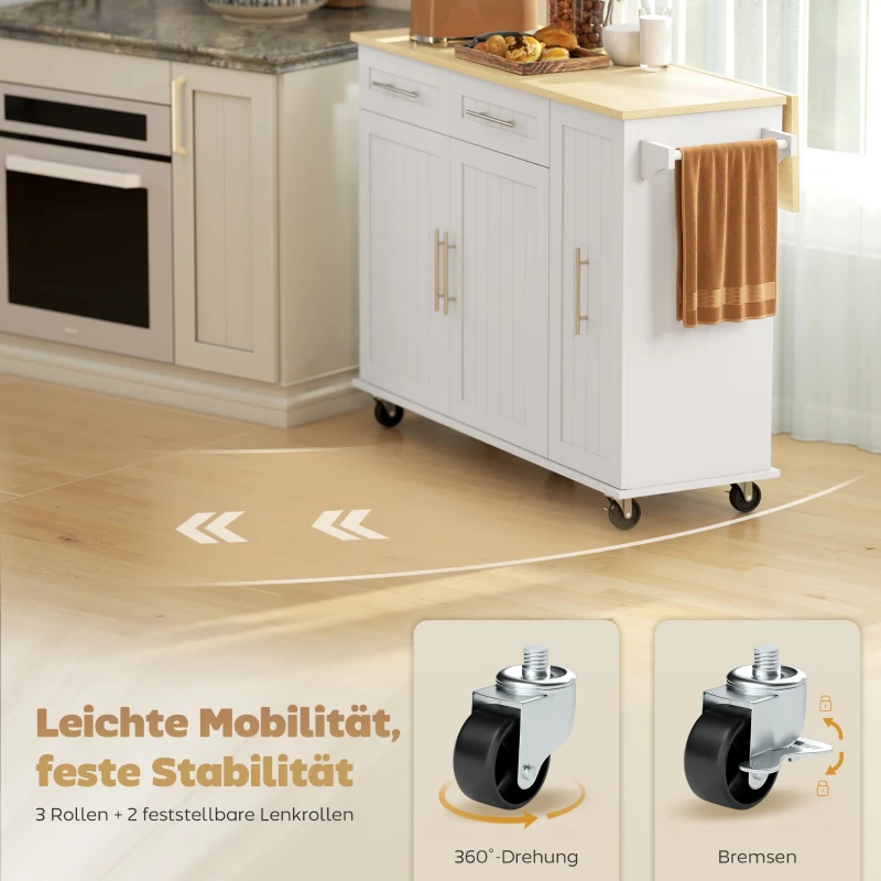 HOMCOM Fahrbare Kücheninsel, erweiterbare Oberfläche, Schranktüren, Schubladen, Handtuchhalter, Küchenwagen aus MDF, Weiß