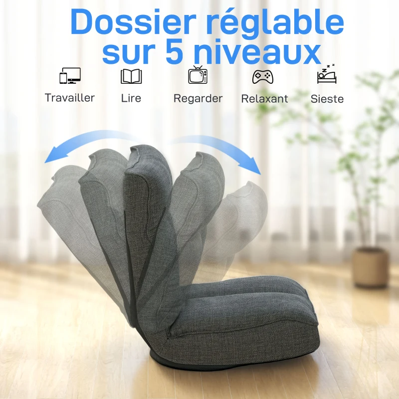 HOMCOM Fauteuil de sol pliable pivotant à 360°, chaise de sol rembourré avec dossier réglable en 5 positions, 58x107x79cm, gris