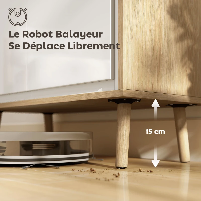 HOMCOM Buffet à haute brillance, meuble de rangement avec double porte, étagère réglable, 72 x 35 x 77 cm, blanc et chêne