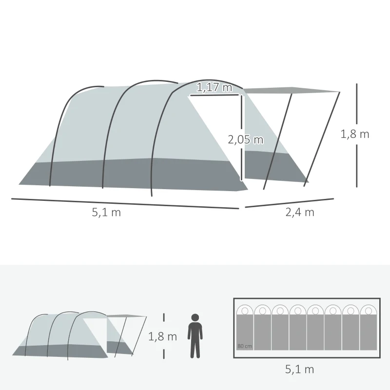 Outsunny Tente de camping familiale 6-8 personnes, tente tunnel imperméable, portes + fenêtres, 5,1 x 2,4 x 1,8 cm, gris clair