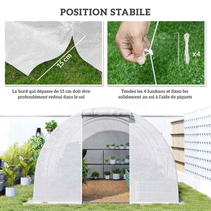 Outsunny Serre de jardin tunnel 13,5 m² 6 fenêtres, porte zippée enroulable châssis acier galvanisé, bâche PE 4,5 x 3 x 2 m blanc