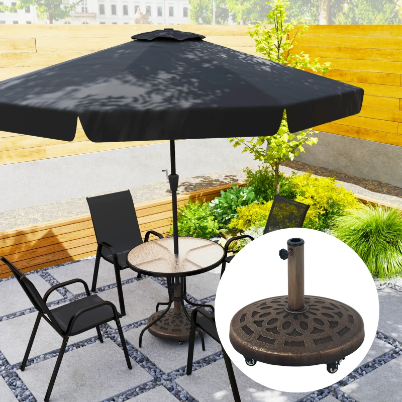 Outsunny Pied de parasol Rond, socle parasol extérieur en résine 21 kg, avec roues pour mât de Ø 32/38/48 mm, Ø 48 x 42 cm bronze