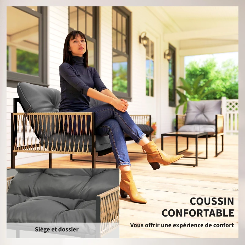 Outsunny Ensemble salon de jardin 4 pièces canapé 2 places 2 fauteuils et 1 table basse plateau verre trempé 3 coussins - gris