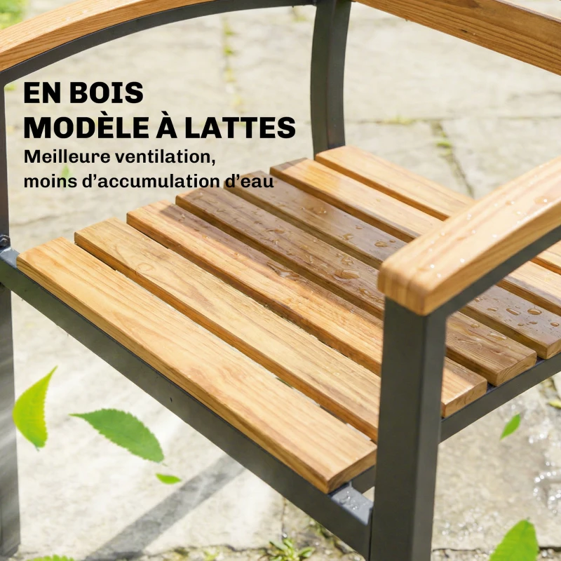 Outsunny Lot de 2 Chaises de Jardin Empilables en Acier, Accoudoir Assise et Dossier en Bois Massif à Lattes, 56x59x84cm, Naturel