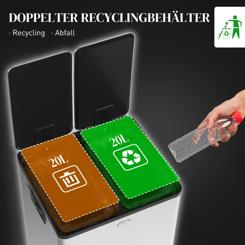 HOMCOM 2 x 20 L Doppelmülleimer, Pedalöffnung, leicht zu reinigen, Edelstahl, Kunststoff, Silber