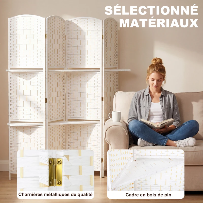 HOMCOM Paravent séparateur de pièce 4 panneaux 160 x170 cm avec 2 étagères, pliable, en bois