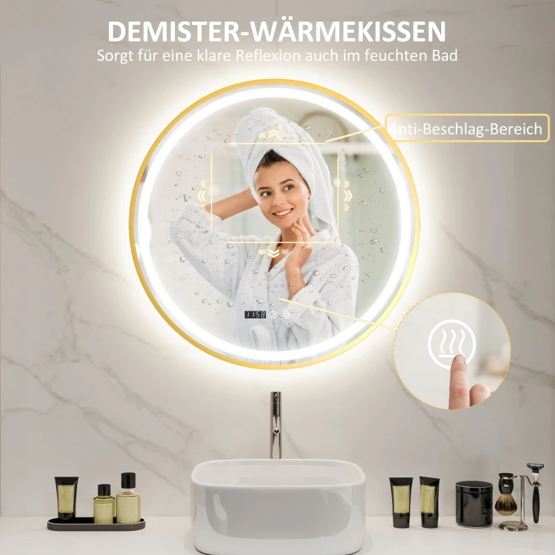 HOMCOM Runder Badezimmerspiegel mit LED-Lichtern, Badspiegel mit Anti-Beschlag-Funktion, Touch-Bedienung, Display