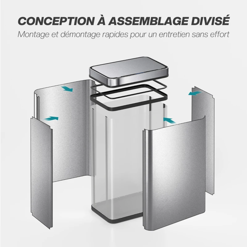 HOMCOM Poubelle à capteur 60 L avec couvercle à fermeture douce, poubelle de cuisine automatique en acier inoxydable, argenté