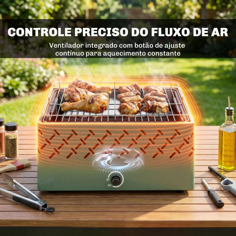 Outsunny Barbecue a Carvão 45,5x29x21 cm com Ventilador Integrado, Temperatura Ajustável e Bandeja de Carvão, Verde-Claro