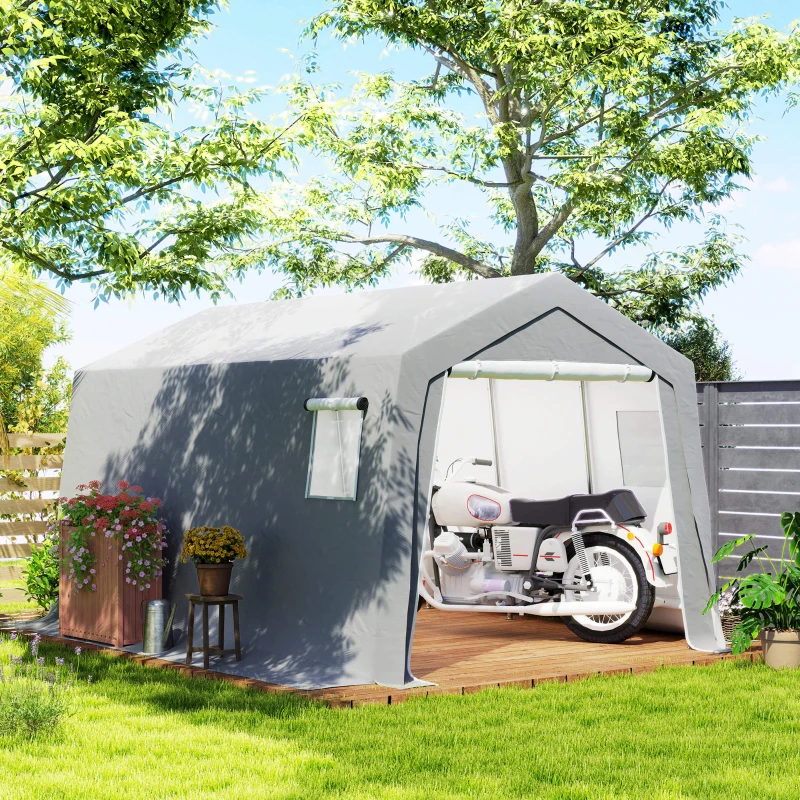 Outsunny Abri de Rangement Extérieur 3 x 4,5 m, tente de stockage étanche et anti-UV, porte enroulable, fenêtres, gris