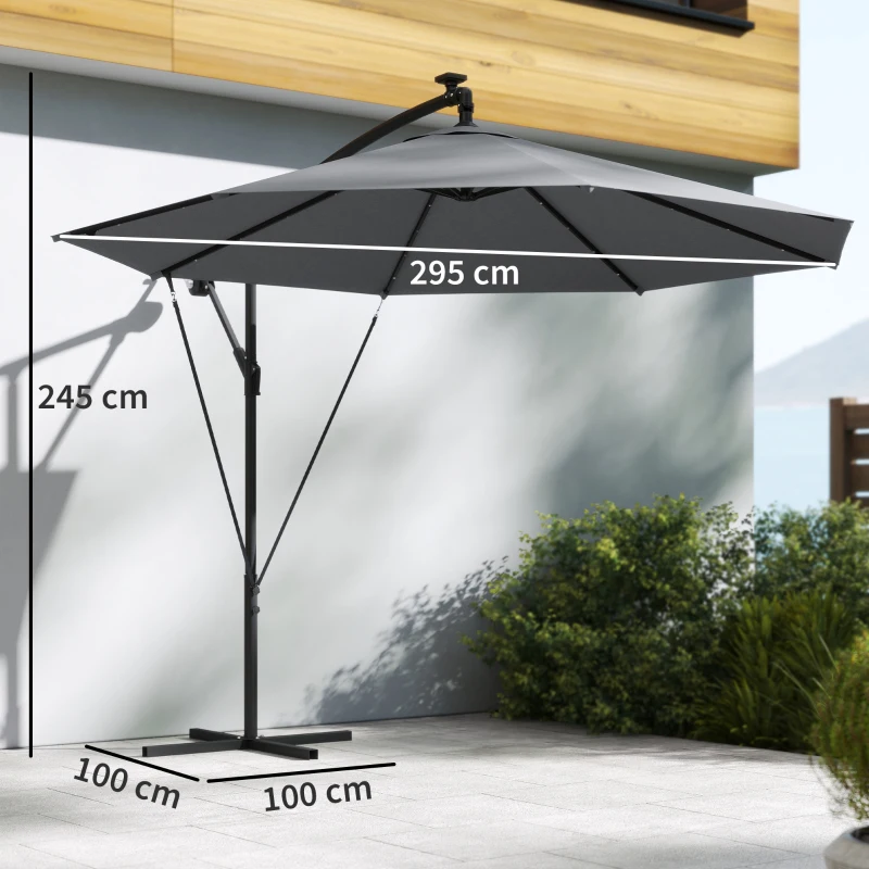 Outsunny Parasol déporté 3 m avec Lampes LED Solaires, pour Jardin, Couleur Gris