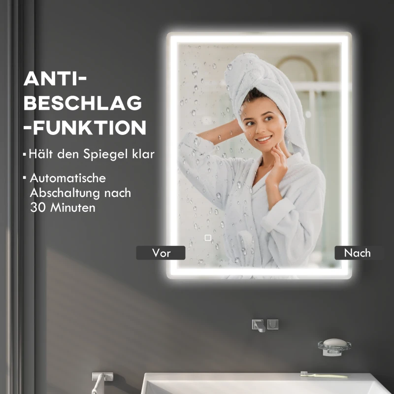 HOMCOM Badspiegel Badezimmerspiegel Wandspiegel LED´s. Ber, gsschalter, Antibeschlagfunktion, 60 x 80 x 4 cm, Weiß