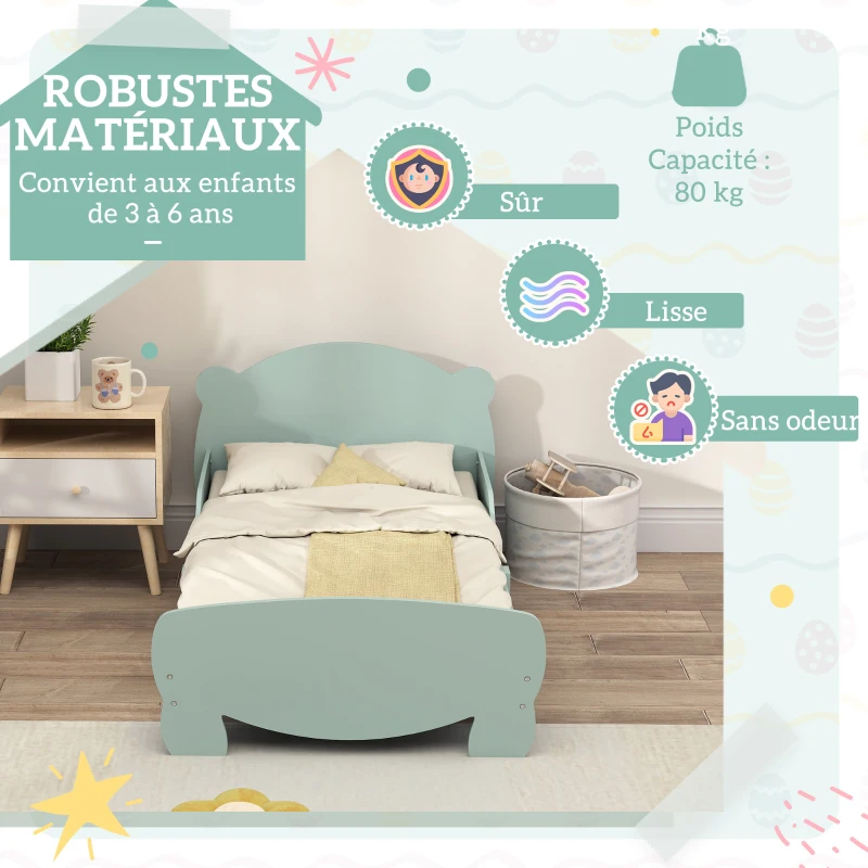 AIYAPLAY Lit enfant 70x140 cm avec barrières de sécurité thème d'ours pour garçons, filles, âgés de 3 à 6 ans, vert
