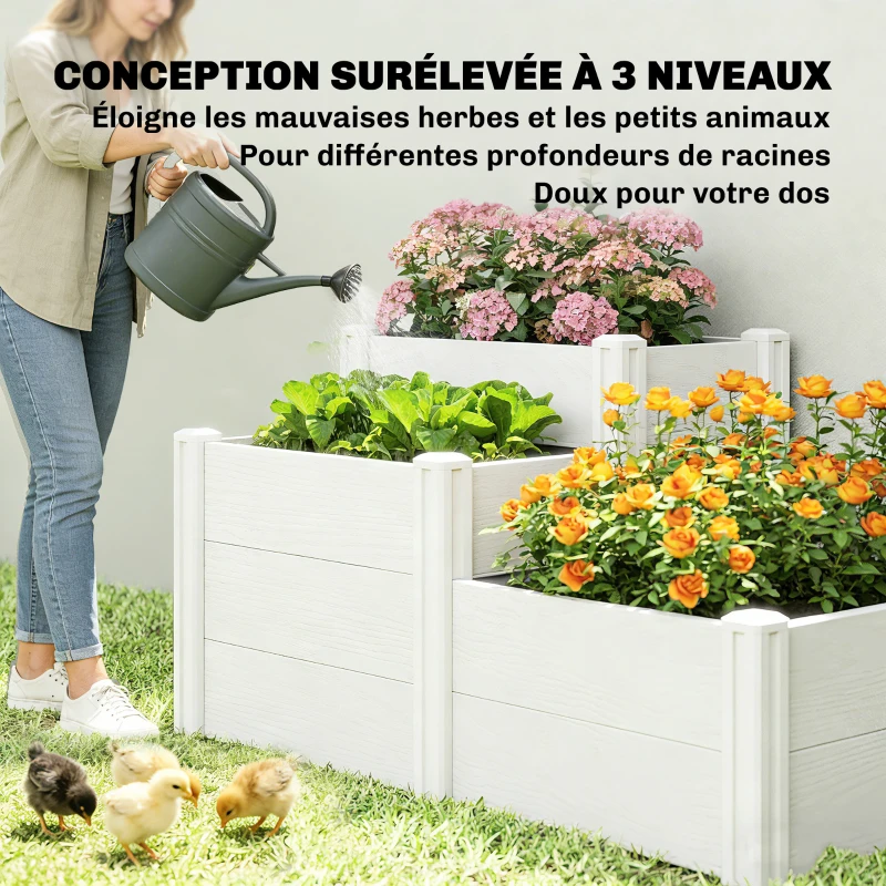 Outsunny Jardinière surélevée, lit de jardin à 3 niveaux avec fond ouvert pour fleurs, légumes, 120 x 80 x 64 cm, effet bois gris