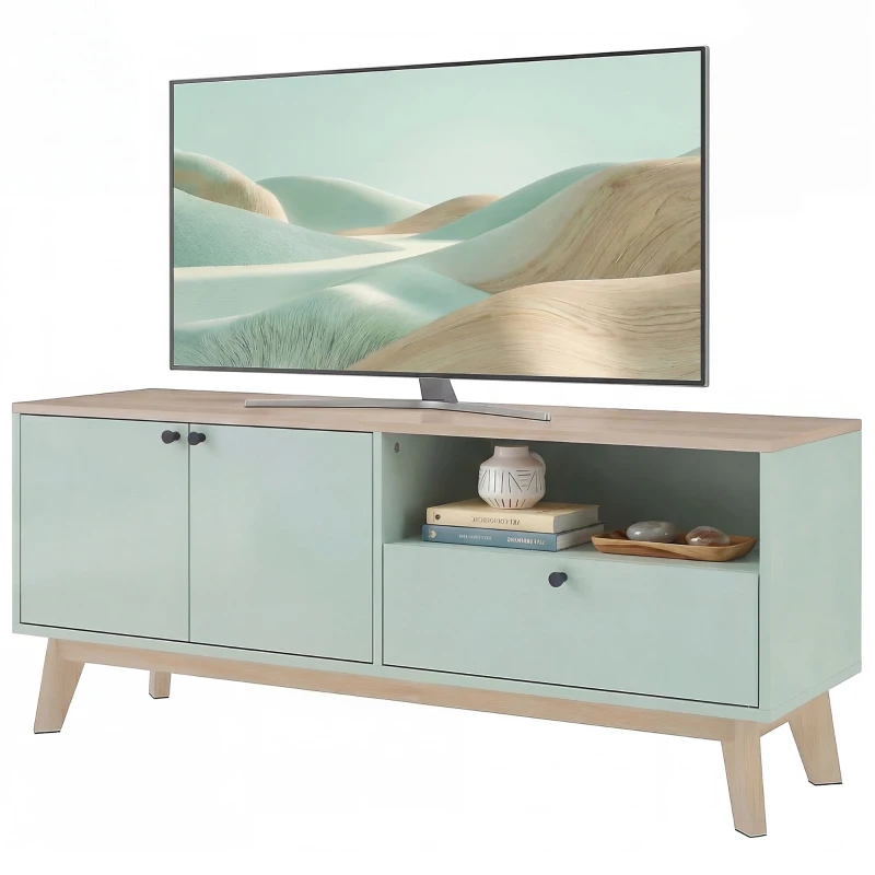 HOMCOM Mobile TV 120 cm con 2 ante, cassetto e vano aperto, Verde chiaro