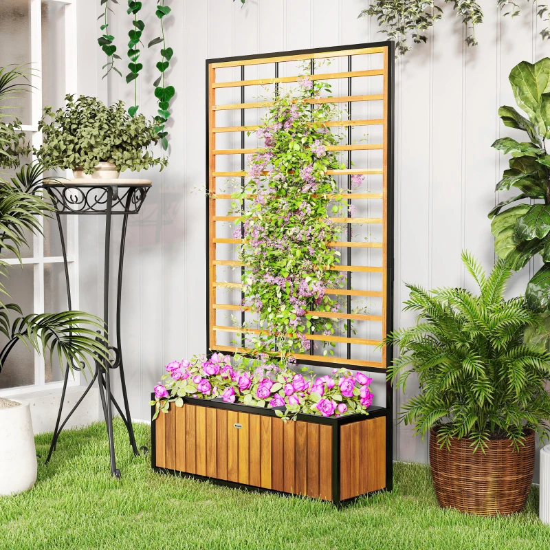 Outsunny Jardinière avec treillis lit surélevé de jardin trous de drainage en bois d'acacia acier  74 x 27 x 131 cm teck