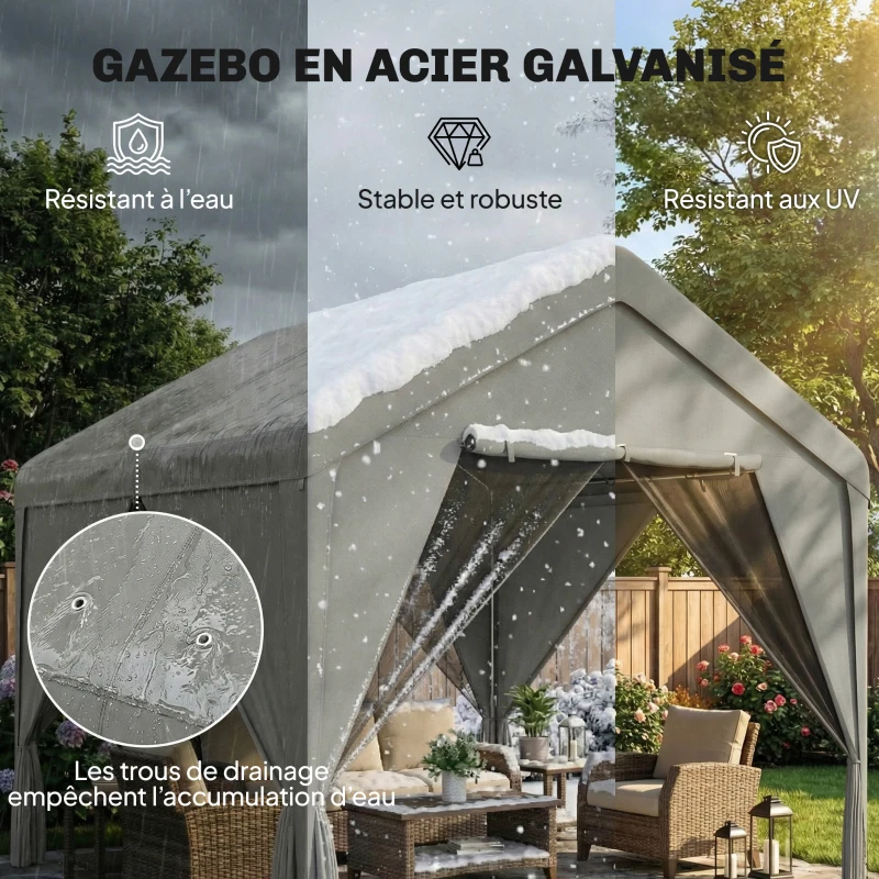 Outsunny Tonnelle de jardin pavillon de jardin hydrofuge structure robuste en acier galvanisé avec toit double pente 3x3m gris